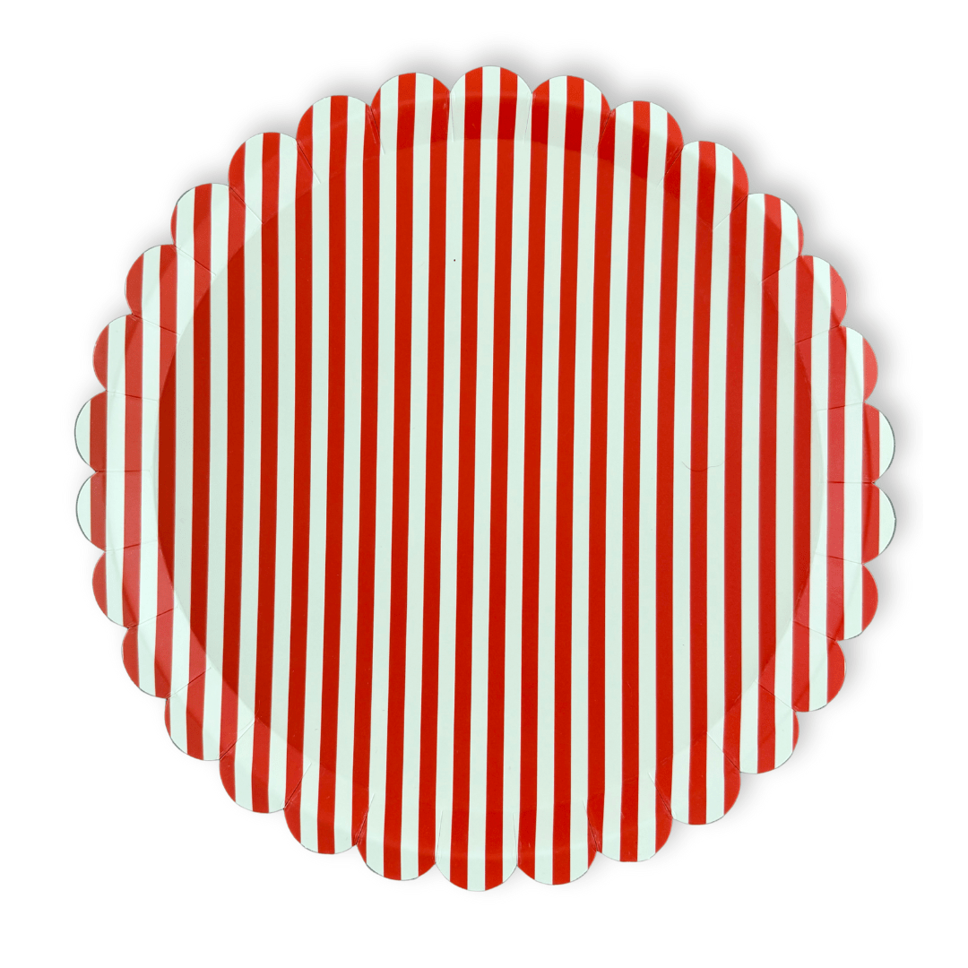 Red & White Candy Stripe Scalloped Dinner Plates (12pcs) - Josi James - 10.5 Inch Plate