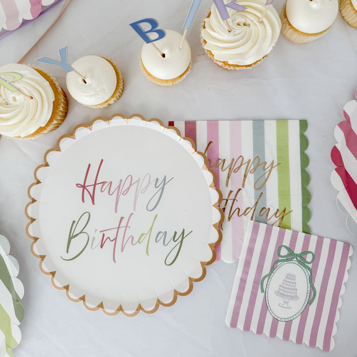 Striped Scalloped Happy Birthday Plate, 12pcs - Josi James - Large Napkins