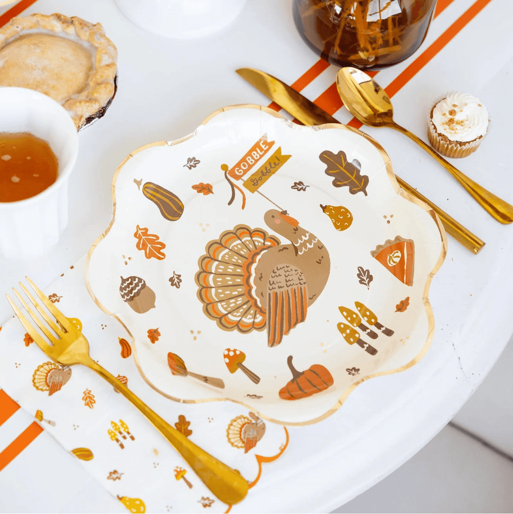 Thanksgiving Icons Paper Plates – Gold Foil 10" Plates (8pcs) - Josi James - 10 Inch Plate